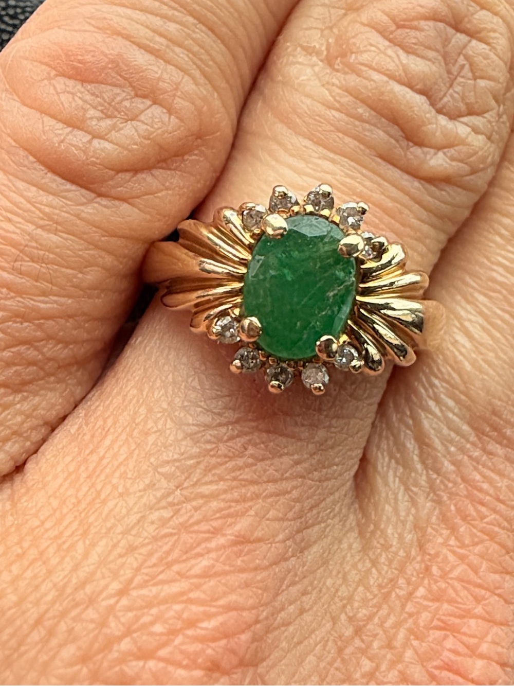 Vintage CID 14K Gold 1.10ct Natural Emerald
& Diamond Sunburst Ring Sz7 5g